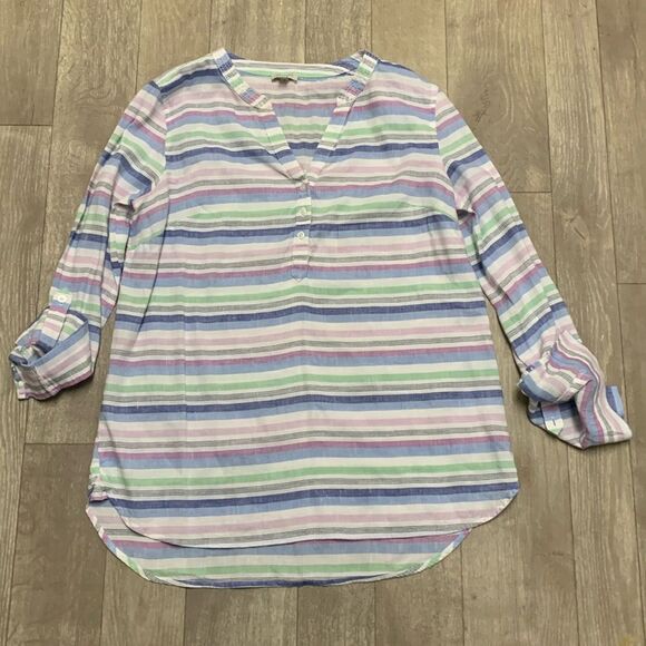Talbots Tops - Talbots Linen Blend Roll Sleeves Stripe 3 Button Pullover Tunic Top Shirt‎